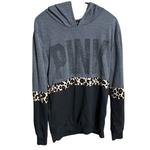 PINK Gray and Black Hoodie with Leopard Print